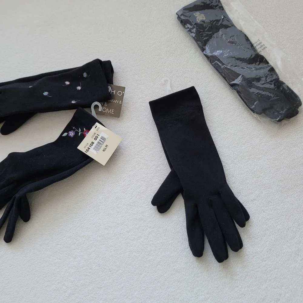 ECHO | Vintage Embroidered Black-on-Black Floral Gloves NEW Small